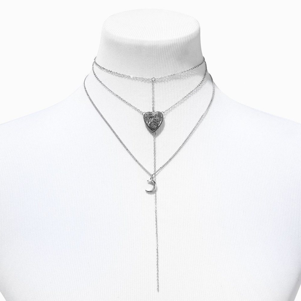 🔮 Silver Ouija Planchette & Crescent Moon Multi-Strand Lariat Necklace
